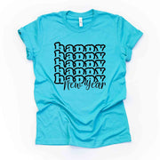 Happy New Year Tee, Super Fun Happy New, Repeating Happy New Year Design, premium unisex shirt, 3 color choices, kid sizes, 4x christmas