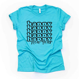 Happy New Year Tee, Super Fun Happy New, Repeating Happy New Year Design, premium unisex shirt, 3 color choices, kid sizes, 4x christmas