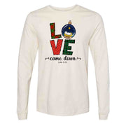 Christmas Long Sleeve, LOVE Came Down with Nativity Scene Ornament Design on premium unisex long sleeve tee, 3x plus size long sleeve