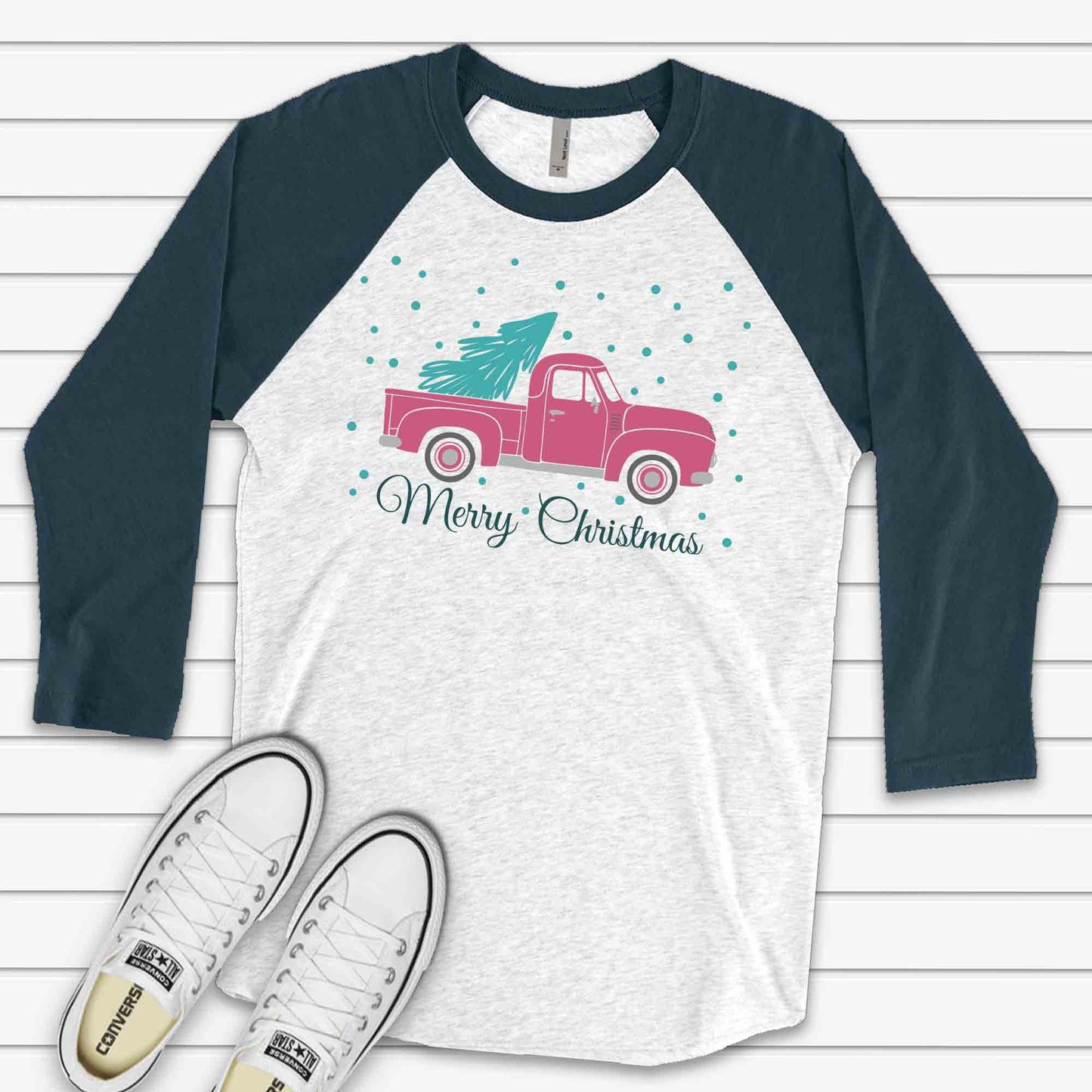 Christmas Truck Raglan, Cute Pink Truck with Tree and Snow, Merry Christmas Design on premium Raglan 3/4 sleeve shirt, plus size, 2X, 3X