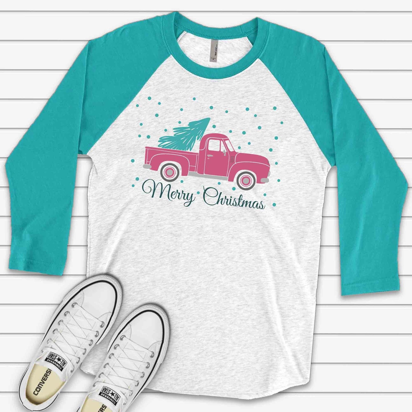 Christmas Truck Raglan, Cute Pink Truck with Tree and Snow, Merry Christmas Design on premium Raglan 3/4 sleeve shirt, plus size, 2X, 3X
