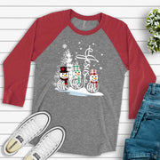 Christmas Raglan, FAITH HOPE LOVE with Jesus Cross and Snowmen, Christian Design on premium Raglan 3/4 sleeve shirt, plus size, 2X, 3X
