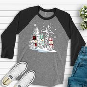 Christmas Raglan, FAITH HOPE LOVE with Jesus Cross and Snowmen, Christian Design on premium Raglan 3/4 sleeve shirt, plus size, 2X, 3X