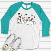 Christmas Raglan, Cute Dancing Snowmen Singing Fa La La La, Singing Snowman Design on premium Raglan 3/4 sleeve shirt, plus size, 2X, 3X