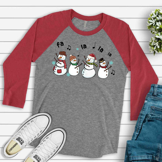 Christmas Raglan, Cute Dancing Snowmen Singing Fa La La La, Singing Snowman Design on premium Raglan 3/4 sleeve shirt, plus size, 2X, 3X