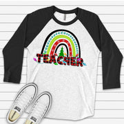 Christmas Raglan, Super Cute Christmas Teacher Rainbow, Christmas Teacher Design on premium Raglan 3/4 sleeve shirt, plus size, 2X, 3X