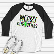Christmas Raglan, Super Cute Neon Bright Lights Merry Christmas Design on premium Raglan 3/4 sleeve shirt, plus size, 2X, 3X