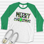 Christmas Raglan, Super Cute Neon Bright Lights Merry Christmas Design on premium Raglan 3/4 sleeve shirt, plus size, 2X, 3X