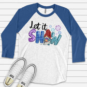 Christmas Raglan, Let It Snow, Cute Winter Gnome with Snow Design on premium Raglan 3/4 sleeve shirt, plus size, 2X, 3X