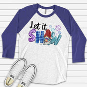 Christmas Raglan, Let It Snow, Cute Winter Gnome with Snow Design on premium Raglan 3/4 sleeve shirt, plus size, 2X, 3X