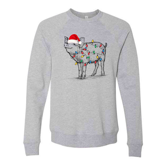 Christmas Sweatshirt, Christmas Pig, Pig in Santa Hat and Lights Design, Unisex Sponge Fleece Raglan Crewneck Bella + Canvas, Christmas