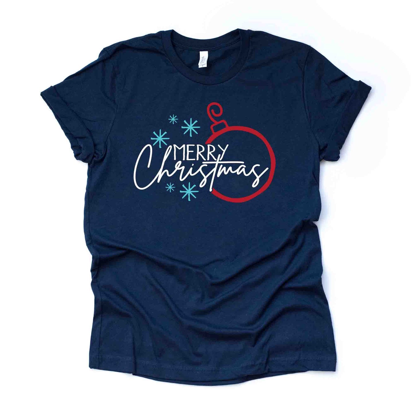 Christmas Tee, Simple Merry Christmas with Snowflakes and Ornament Design on premium unisex shirt, 2 color choices, plus sizes available