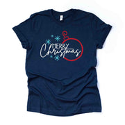 Christmas Tee, Simple Merry Christmas with Snowflakes and Ornament Design on premium unisex shirt, 2 color choices, plus sizes available