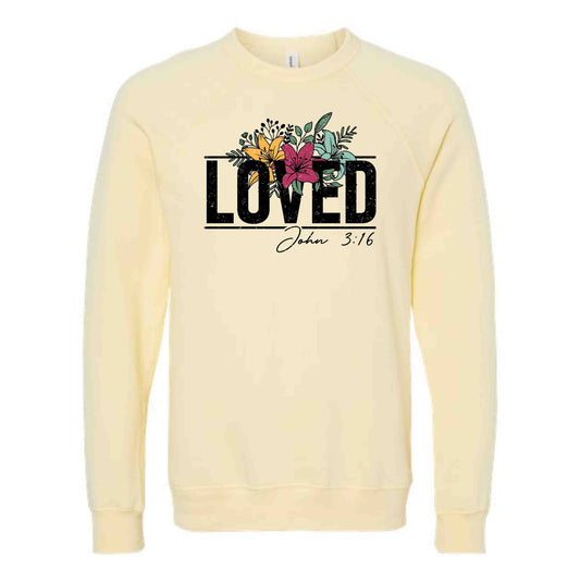 Christian Sweatshirt, LOVED John 3:16, Beautiful Christian LOVED Floral Design, Unisex Sponge Fleece Raglan Crewneck Bella Canvas Sweatshirt