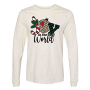 Christmas Long Sleeve, Super Fun JOY to the WORLD with Plaid and Leopard Design, premium unisex long sleeve tee, 3x plus size long sleeve