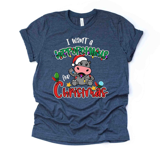 Christmas Tee, I Want a Hippopotamus For Christmas, Hippo with Lights Design on premium unisex shirt, 3 color choices, plus sizes