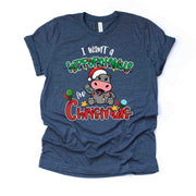 Christmas Tee, I Want a Hippopotamus For Christmas, Hippo with Lights Design on premium unisex shirt, 3 color choices, plus sizes