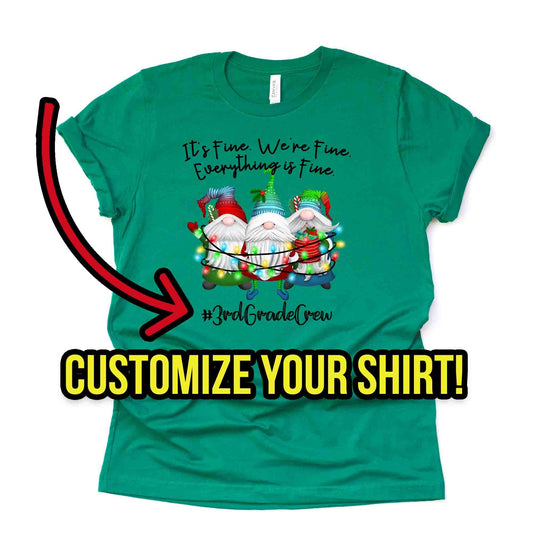 Christmas Teacher Tee, Teacher Gnomes Tangled in Lights, It's Fine, Teacher Squad Design, premium cotton unisex shirt, plus sizes 3x, 4x