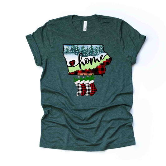 Christmas Tee, Christmas in Iowa, Buffalo Plaid Iowa Home Design, premium unisex tee, 3 color choices, plus sizes, 3x and 4x christmas