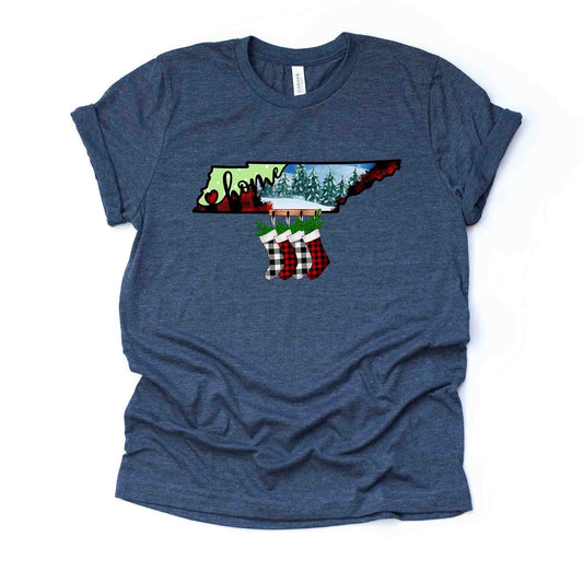 Christmas Tee, Christmas in Tennessee, Buffalo Plaid TN Home Design, premium unisex tee, 3 color choices, plus sizes, 3x and 4x christmas