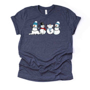 Christmas Tee, Super Fun Snowmen in a Row, Snowman Design, premium unisex shirt, 3 color choices, 3x 4x christmas, plus sizes