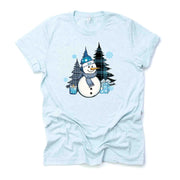 Christmas Tee, Super Cute Snowman with Plaid Trees and Snow Design, premium unisex shirt, 3 color choices, 3x 4x christmas, plus sizes