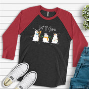 Christmas Raglan, Super Cute Snowmen with Let It Snow, Winter Snowmen in Snow Design on premium Raglan 3/4 sleeve shirt, plus size, 2X, 3X
