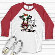 Christmas Raglan, Christmas Cow & Lights, Have Yourself a Merry Little Christmas Design, premium Raglan 3/4 sleeve shirt, plus size, 2X, 3X