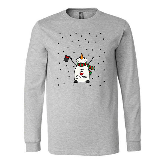 Snowman Long Sleeve Tee, Cute Snowman with I Love Snow Design on premium unisex long sleeve tee, 3x plus size long sleeve