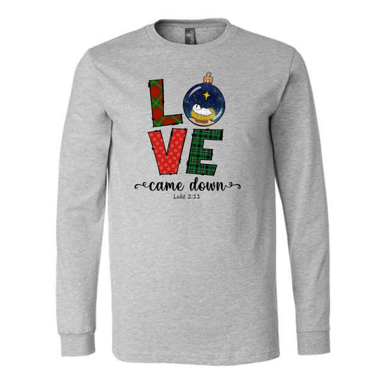 Christmas Long Sleeve, LOVE Came Down with Nativity Scene Ornament Design on premium unisex long sleeve tee, 3x plus size long sleeve