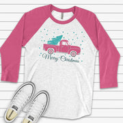 Christmas Truck Raglan, Cute Pink Truck with Tree and Snow, Merry Christmas Design on premium Raglan 3/4 sleeve shirt, plus size, 2X, 3X