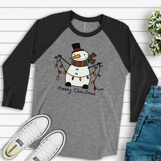 Christmas Raglan, Cute Snowman with Christmas Lights, Merry Christmas Design on premium Raglan 3/4 sleeve shirt, plus size, 2X, 3X