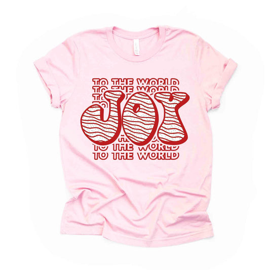 Christmas Tee, Super Fun JOY to the World with Red Stripes & Sprinkles Design on premium unisex shirt, 2 color choices, plus sizes available