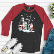 Christmas Raglan, FAITH HOPE LOVE with Jesus Cross and Snowmen, Christian Design on premium Raglan 3/4 sleeve shirt, plus size, 2X, 3X
