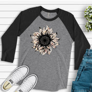 Cute Fall Raglan, Sunflower Raglan, Tan and Orange Plaid Sunflower Design on premium Raglan 3/4 sleeve shirt, plus size, 2X, 3X