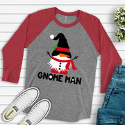 Christmas Raglan, Super Cute Snowman Gnome, Gnome Man, Cute Snow Gnome Design on premium Raglan 3/4 sleeve shirt, plus size, 2X, 3X