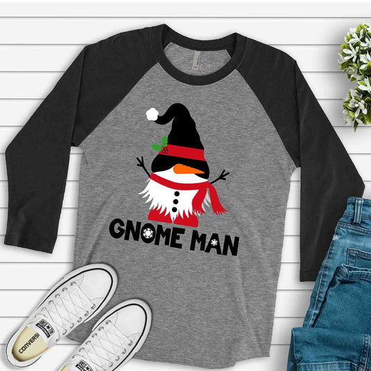 Christmas Raglan, Super Cute Snowman Gnome, Gnome Man, Cute Snow Gnome Design on premium Raglan 3/4 sleeve shirt, plus size, 2X, 3X