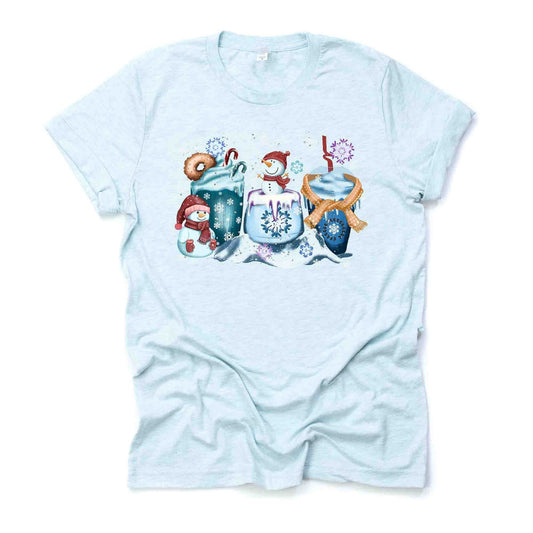 Winter Tee, Super Cute Winter Coffee Drinks with Snowmen, Snowmen Coffee Design on premium cotton unisex shirt, plus sizes, 2x, 3x, 4x