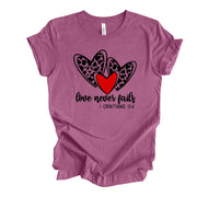Valentine Tee, Christian Valentine Tee, Love Never Fails, 1 Corinthians Design on premium cotton unisex shirt, plus sizes, 2x, 3x, 4x