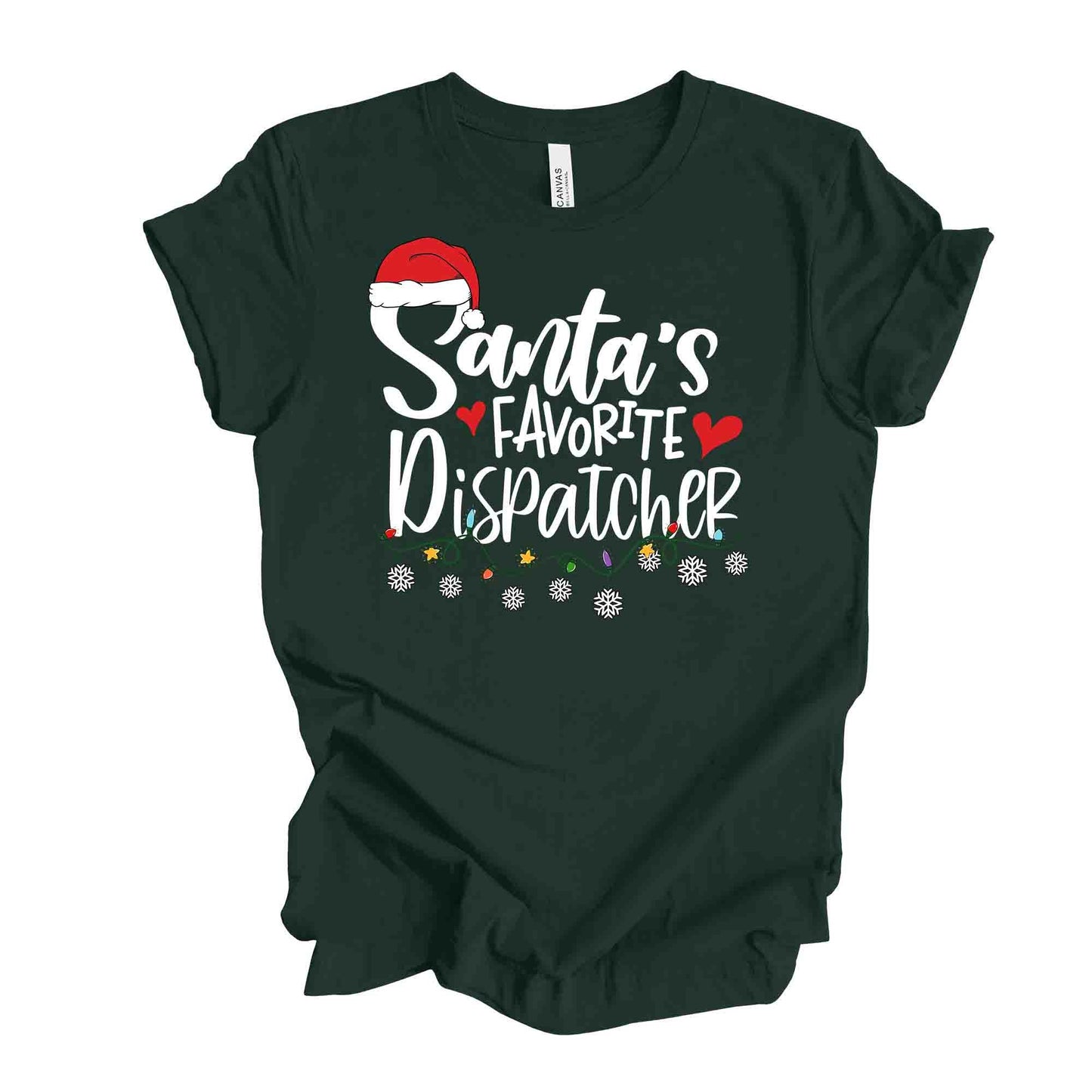 Christmas Tee, Santa's Favorite Dispatcher, Dispatcher 911 Christmas Design on premium unisex shirt, 3 color choices, plus sizes