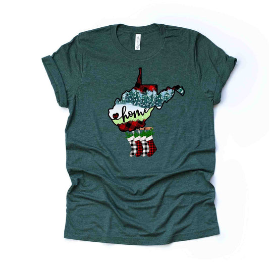 Christmas Tee, Christmas in West Virginia, Buffalo Plaid WV Home Design, premium unisex tee, 3 color choices, plus sizes, 3x & 4x christmas