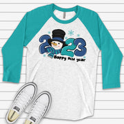 Happy New Year Raglan, Super Cute 2023 Snowman, Happy New Year Snowman Design on premium Raglan 3/4 sleeve shirt, plus size, 2X, 3X