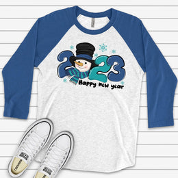 Happy New Year Raglan, Super Cute 2023 Snowman, Happy New Year Snowman Design on premium Raglan 3/4 sleeve shirt, plus size, 2X, 3X