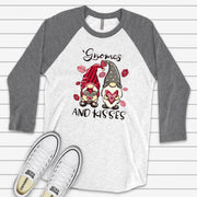 Valentine Raglan, Cute Valentine Gnomes, Gnomes and Kisses, Gnomes in Love Design on premium Raglan 3/4 sleeve shirt, plus size, 2X, 3X
