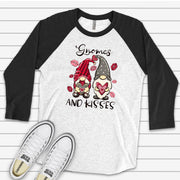 Valentine Raglan, Cute Valentine Gnomes, Gnomes and Kisses, Gnomes in Love Design on premium Raglan 3/4 sleeve shirt, plus size, 2X, 3X