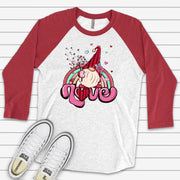 Valentine Raglan, Cute Valentine Gnome, Gnome Spreading Love and Rainbows Design on premium Raglan 3/4 sleeve shirt, plus size, 2X, 3X