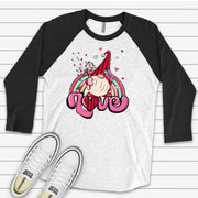 Valentine Raglan, Cute Valentine Gnome, Gnome Spreading Love and Rainbows Design on premium Raglan 3/4 sleeve shirt, plus size, 2X, 3X