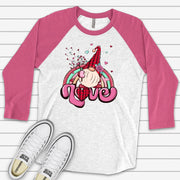 Valentine Raglan, Cute Valentine Gnome, Gnome Spreading Love and Rainbows Design on premium Raglan 3/4 sleeve shirt, plus size, 2X, 3X