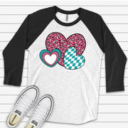 Valentine Raglan, Cute Valentine Hearts, Teal and Pink Valentine Hearts Design on premium Raglan 3/4 sleeve shirt, plus size, 2X, 3X