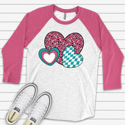 Valentine Raglan, Cute Valentine Hearts, Teal and Pink Valentine Hearts Design on premium Raglan 3/4 sleeve shirt, plus size, 2X, 3X